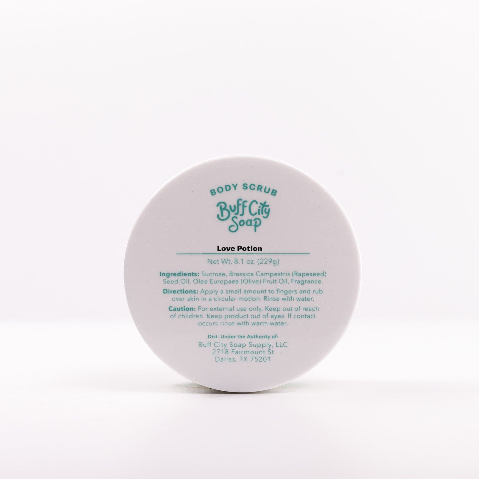 Top of Buff City Soap's love potion body scrub listing directions, ingredients, and cautions