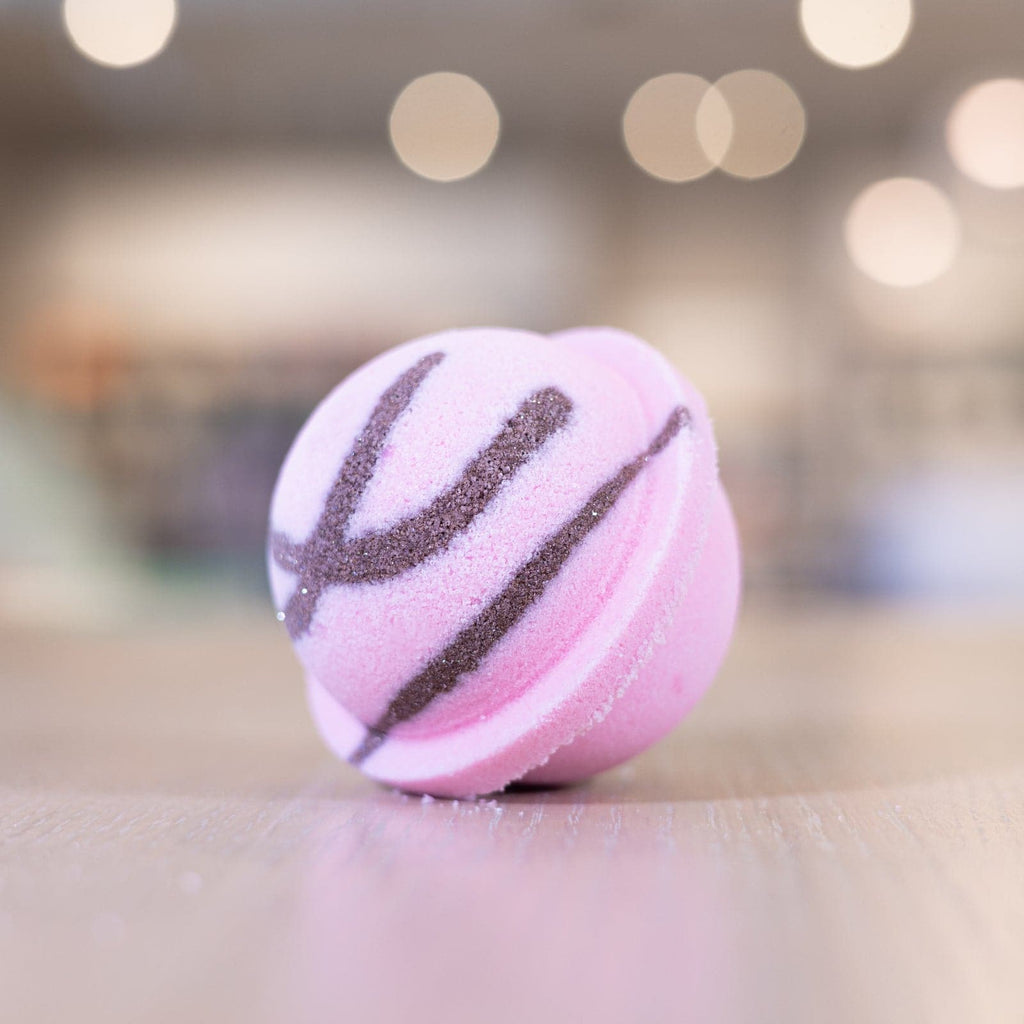 Pink Sugar Bath Bomb with dark brown design 