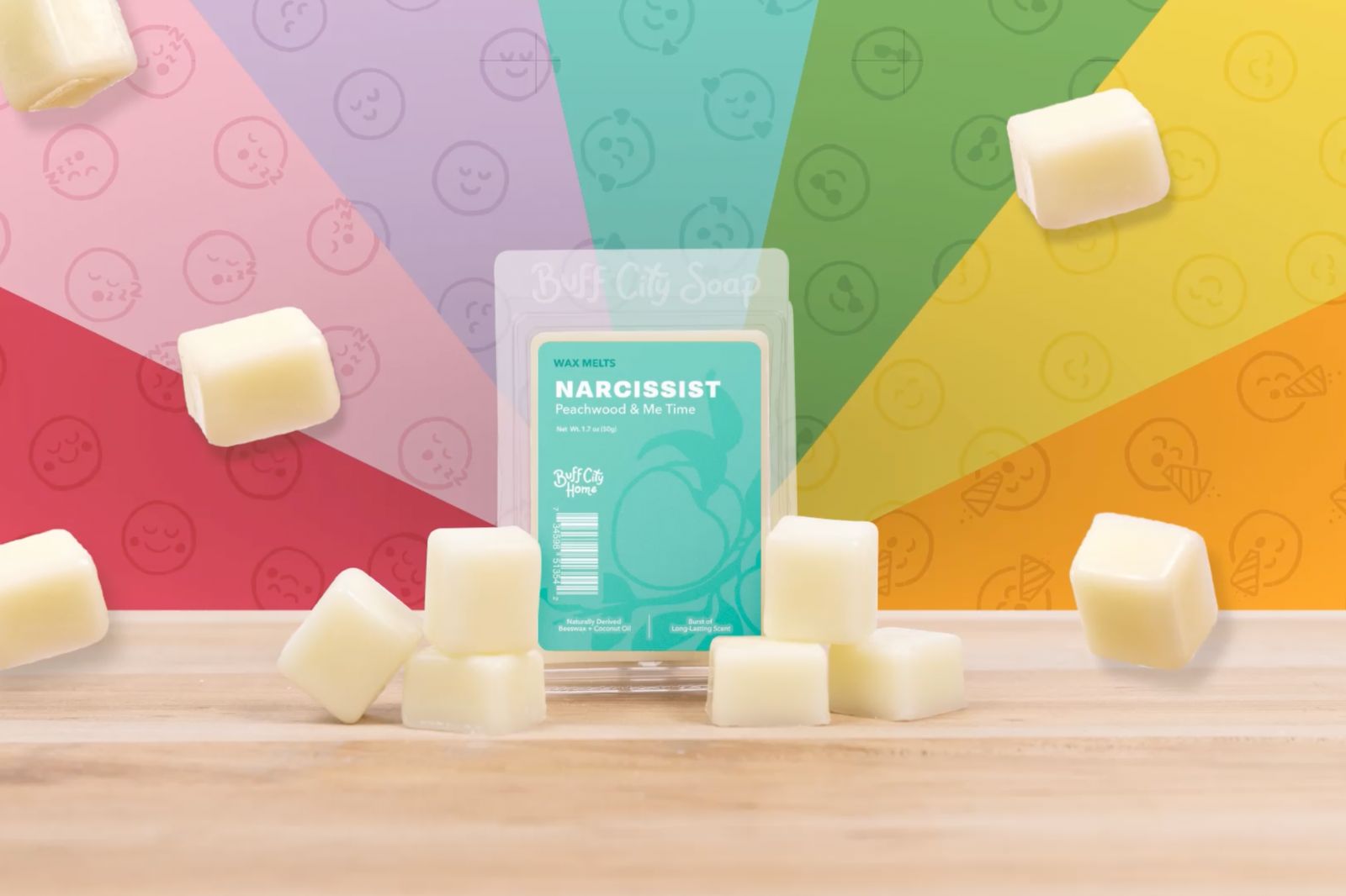 Buffs Citys Soaps square white Narcissist Wax Melts staggered against rainbow background